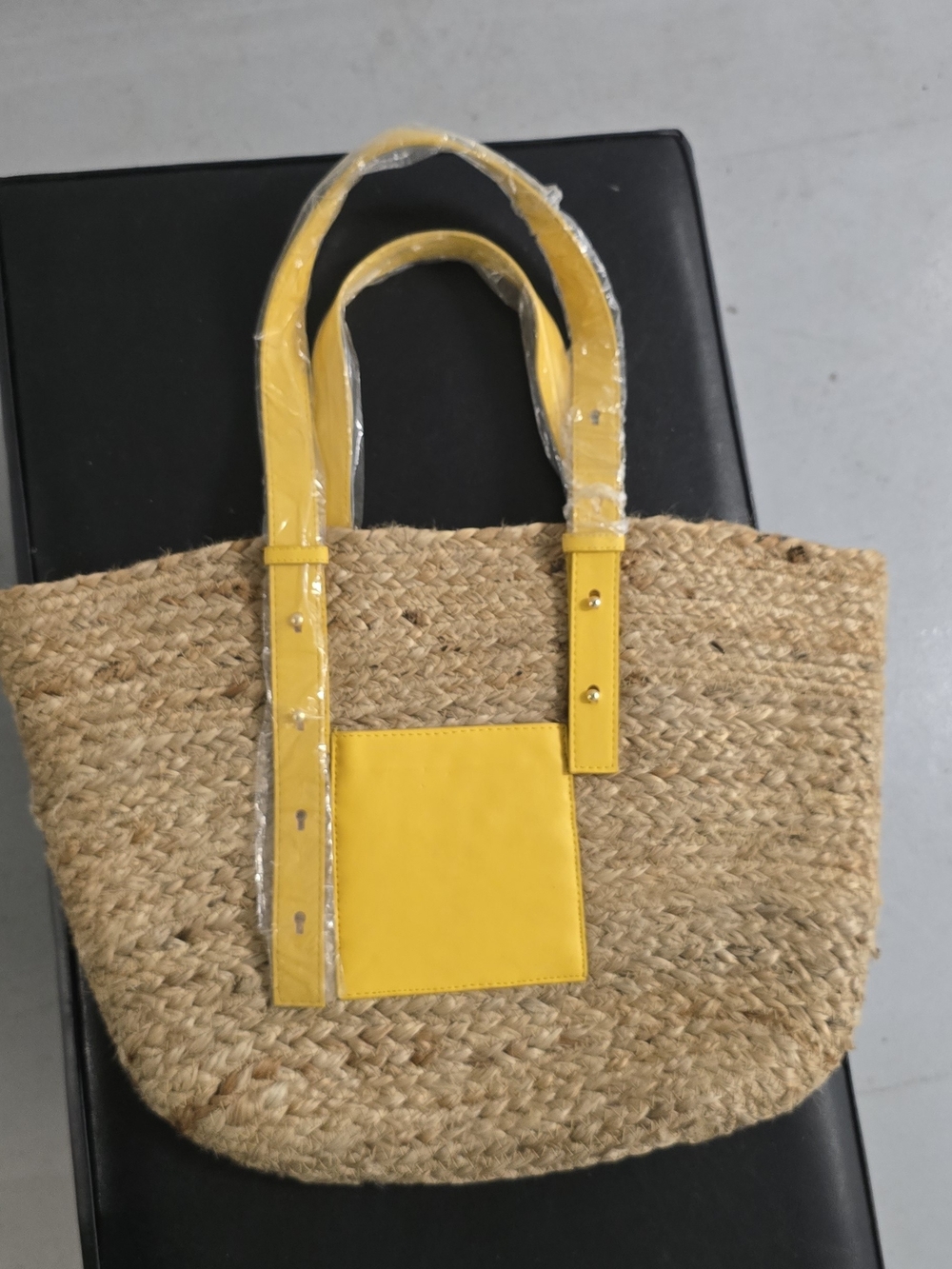 Yellow Straw Tote Bag with Yellow Trim